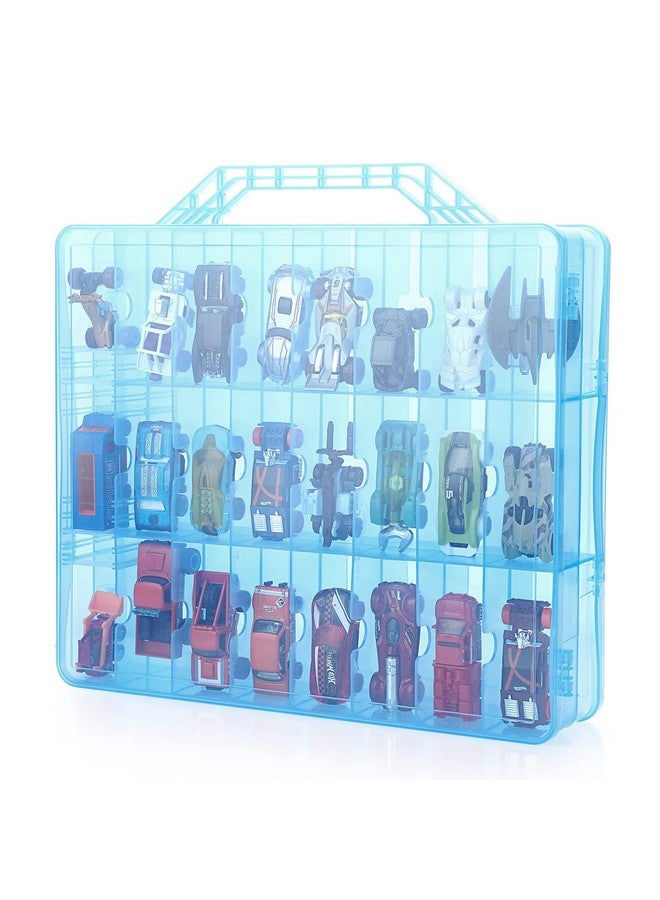 BTSKY منظم تخزين ألعاب مزدوج الجوانب مع 48 حجرة منظم ألعاب وحقيبة حمل لسيارة هوت ويلز وسيارات ماتش بوكس وألعاب صغيرة ودمى صغيرة ومجموعة سيارات صغيرة أخرى (أزرق) - Image 2