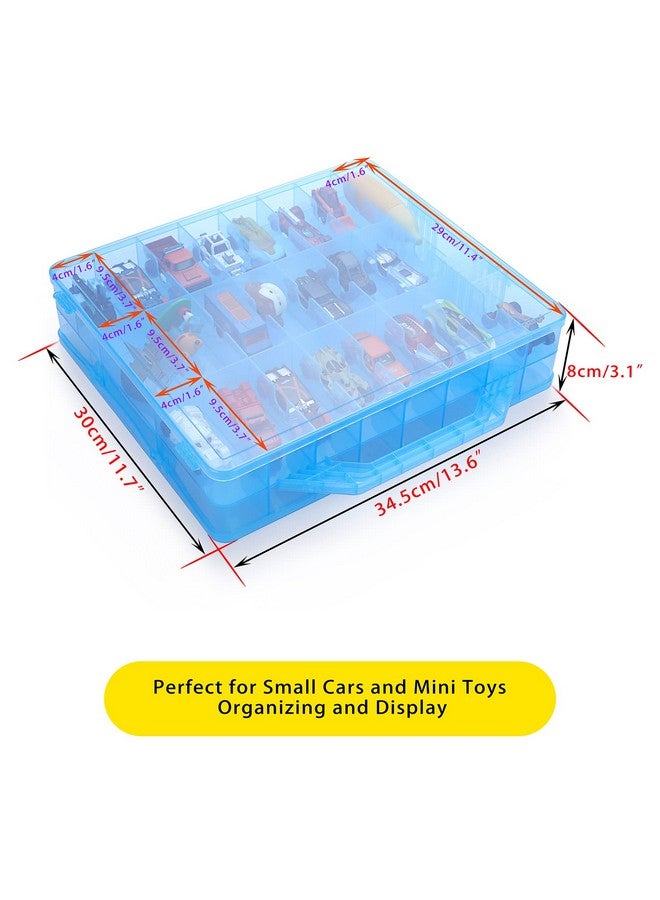 BTSKY منظم تخزين ألعاب مزدوج الجوانب مع 48 حجرة منظم ألعاب وحقيبة حمل لسيارة هوت ويلز وسيارات ماتش بوكس وألعاب صغيرة ودمى صغيرة ومجموعة سيارات صغيرة أخرى (أزرق) - Image 4
