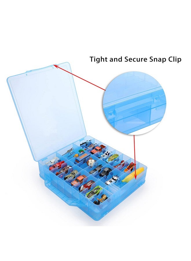 BTSKY منظم تخزين ألعاب مزدوج الجوانب مع 48 حجرة منظم ألعاب وحقيبة حمل لسيارة هوت ويلز وسيارات ماتش بوكس وألعاب صغيرة ودمى صغيرة ومجموعة سيارات صغيرة أخرى (أزرق) - Image 3