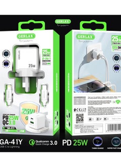 GERLAX 25W DUAL Fast Charger and Cable with USB-C Ports White 