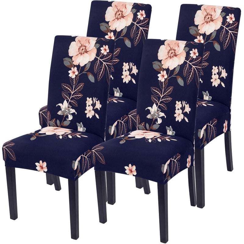 SearchI Dining Room Chair Covers Slipcovers Set of 4 Spandex Super Fit Stretch Removable Washable Kitchen Parsons Chair Covers Protector for Dining RoomHotelCeremony NavyFlowers
