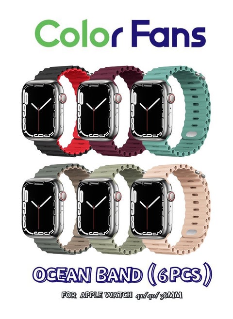 Apple Watch Ultra/Series 8-1 Ocean Band 6-Pack: 38-41mm Silicone Straps in Black-Red/Burgundy Red/Cactus/Celestial Teal-Walnut/Khaki/Milk Tea for Men and Women