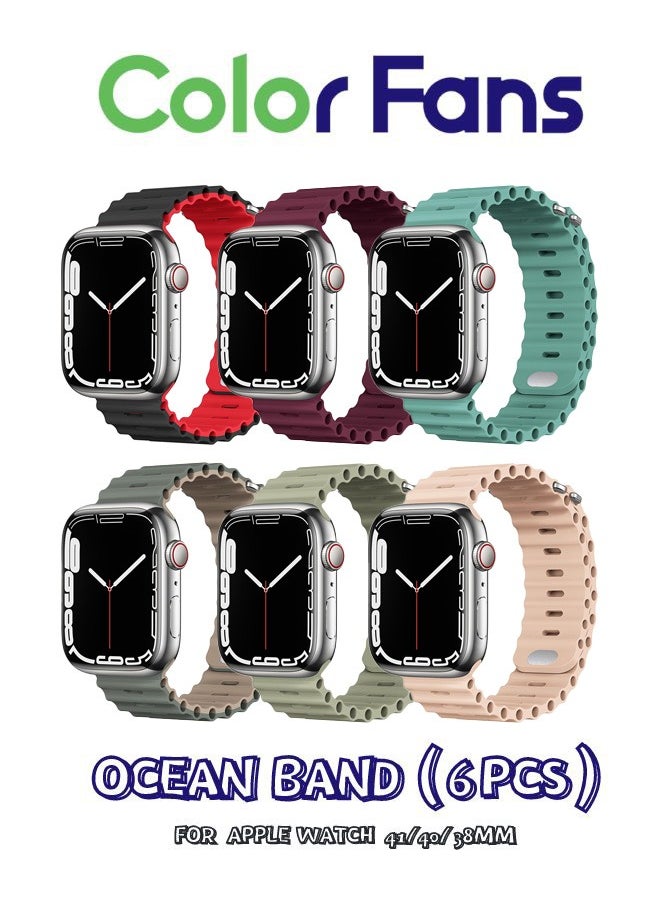 Color Fans - Apple Watch Ultra/Series 8-1 Ocean Band 6-Pack: 38-41mm Silicone Straps in Black-Red/Burgundy Red/Cactus/Celestial Teal-Walnut/Khaki/Milk Tea for Men and Women - Image 1