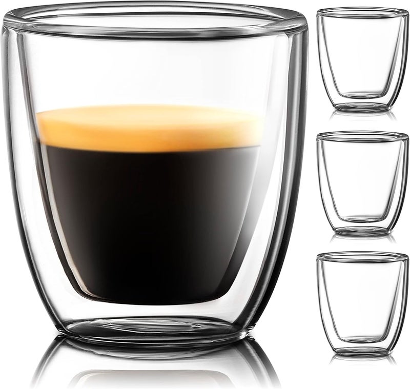 Evaryl Glass Espresso Cups Set of 4 - Double Walled Espresso Cup 2.7 OZ - Wide Italian Style Clear Doppio Espresso Cup - Double Espresso Cups - Espresso Accessories Small Double Wall Expresso Coffee Cup - Image 1