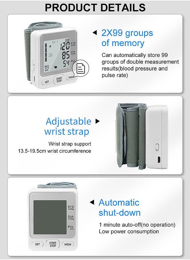 Urit Blood Pressure Monitor with Voice Broadcast, 2x99 Readings Memory Wrist Bp Machine  - Image 4