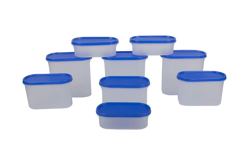 Cutting EDGE Modular Containers Oval with Plain Lids Set for Rice DalAtta Flour Cereals Pulses Snacks Stackable Set of 9 3 Each Size Blue Lids - Image 1