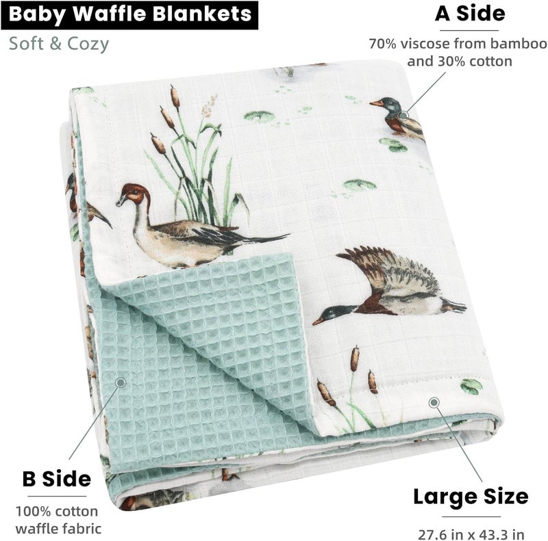 LifeTree Waffle Baby Blankets Muslin Swaddle Blanket for Boys Girls 2 Layers Crib Stroller Receiving Blankets with Muslin Front and Waffle Backing Infant Newborn Mallard Duck - Image 4