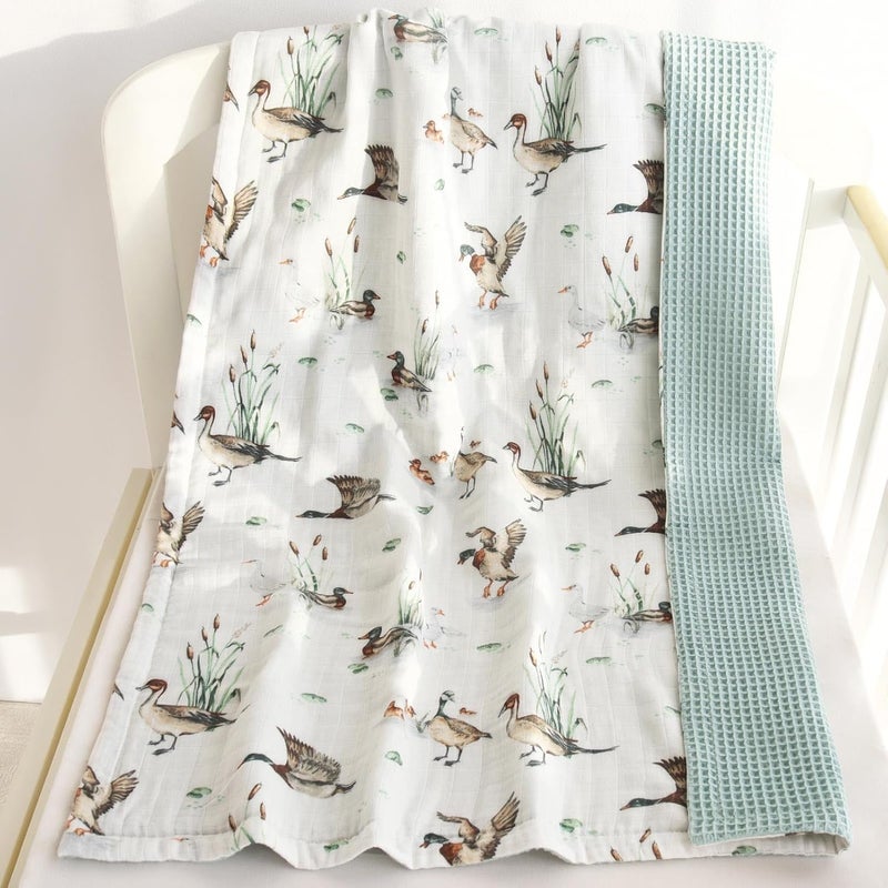 LifeTree Waffle Baby Blankets Muslin Swaddle Blanket for Boys Girls 2 Layers Crib Stroller Receiving Blankets with Muslin Front and Waffle Backing Infant Newborn Mallard Duck - Image 1