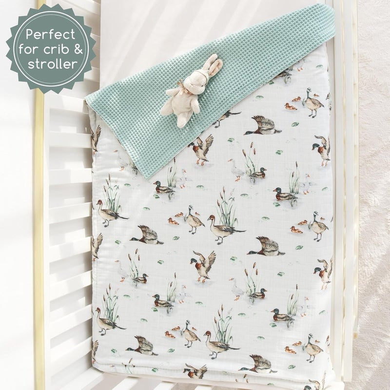 LifeTree Waffle Baby Blankets Muslin Swaddle Blanket for Boys Girls 2 Layers Crib Stroller Receiving Blankets with Muslin Front and Waffle Backing Infant Newborn Mallard Duck - Image 5