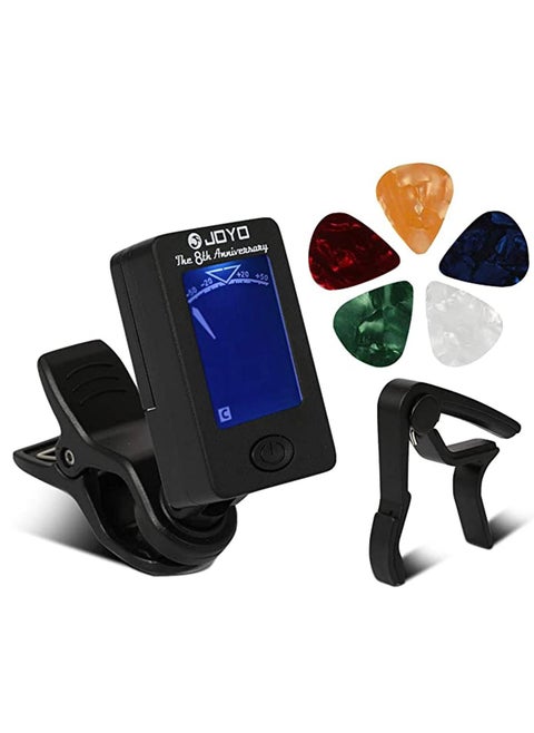 Guitar Tuner and Capo Set, Digital Electronic Clip on Tuner Acoustic with LCD Display for Guitar, Bass, Violin, Ukulele 360 Degree Rotatable, LCD Digital Display (5 Pcs Picks Included)