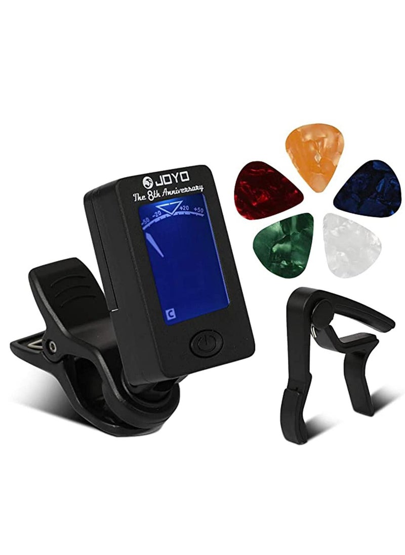 KASTWAVE Guitar Tuner and Capo Set, Digital Electronic Clip on Tuner Acoustic with LCD Display for Guitar, Bass, Violin, Ukulele 360 Degree Rotatable, LCD Digital Display (5 Pcs Picks Included)  - Image 1
