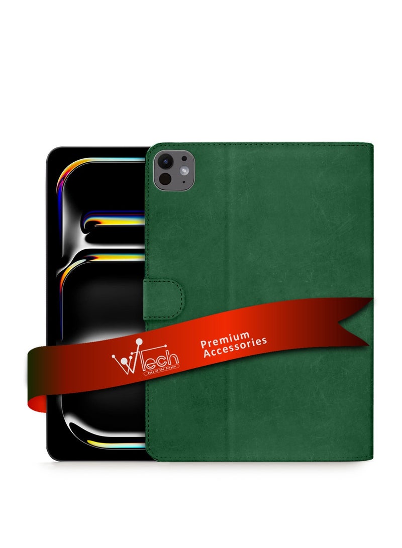 PU Leather Magnetic Closure Flip Case Cover For Apple iPad Pro 13 5G 2024 (7th Generation) 13 Inch Dark Green