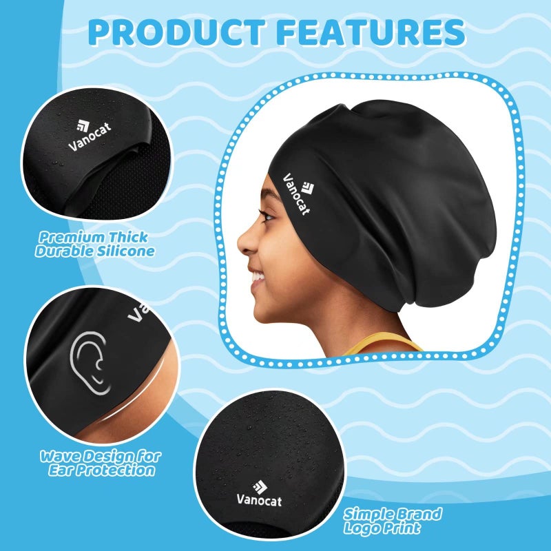 Vanocat Kids Extra Large Swim Cap for Long Hair, Waterproof Silicone Swimming Caps for Boys Girls Children Youth Teen, Large Swim Hat for Long Thick Curly Hair & Dreadlocks Braids Weaves Afro Hair - Image 3
