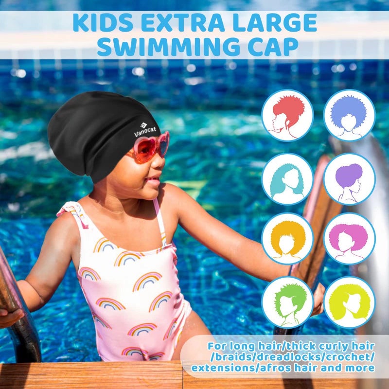 Vanocat Kids Extra Large Swim Cap for Long Hair, Waterproof Silicone Swimming Caps for Boys Girls Children Youth Teen, Large Swim Hat for Long Thick Curly Hair & Dreadlocks Braids Weaves Afro Hair - Image 5