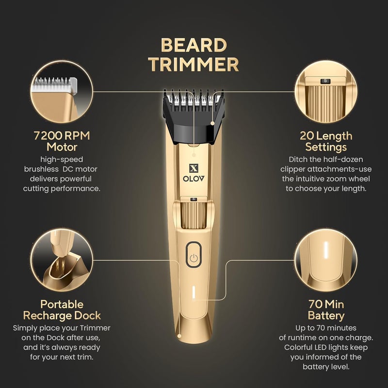 مقص للشارب للرجال – مقص متعدد الوظائف مزود بمقياس دقيق – أداة عالية الجودة لتنظيف الشعر على الوجه – يتميز بـ 20 إعدادًا لطول الشعر القابل للتعديل، وقاعدة شحن عبر USB، ومقص لاسلكي مقاوم للماء يمكن استخدامه في البيئات الرطبة أو الجافة، لونه ذهبي. - Image 2