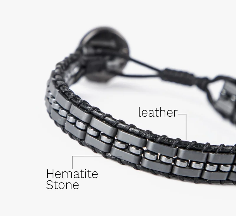 Minza Minza “Mars” Men’s Bracelet, Black Leather & Hematite Beaded Bracelet, Adjustable Handmade Bracelet for Men, Jewelry for Casual & Everyday Wear.