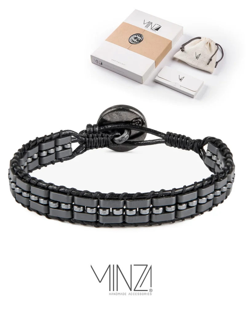 Minza Minza “Mars” Men’s Bracelet, Black Leather & Hematite Beaded Bracelet, Adjustable Handmade Bracelet for Men, Jewelry for Casual & Everyday Wear.