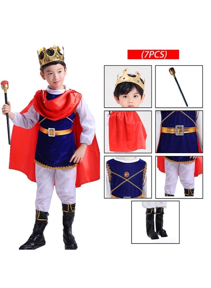 7 Piece Prince Charming Royal King Fancy Dress Up Halloween Costume Pretend Play with Crown for Kids Boys - Image 2