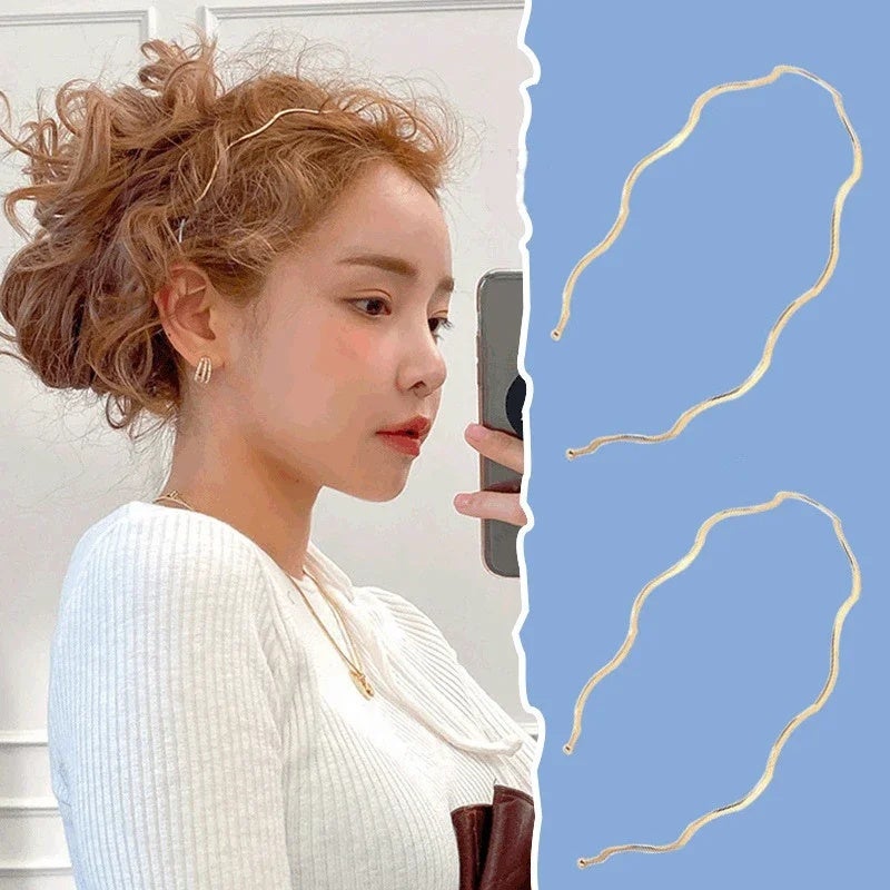 ربطات شعر منحنية بموجات معدنية ذهبية جديدة للنساء ربطات رأس رفيعة هندسية غطاء رأس أنيق للحفلات اليومية - Image 2