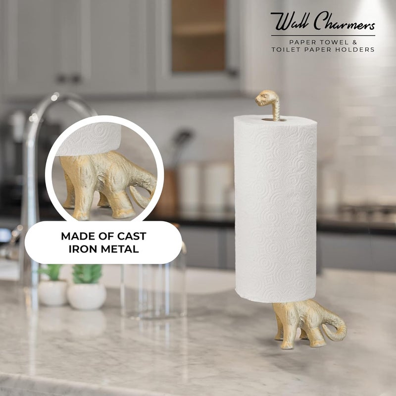 Wallcharmers Gold Paper Towel Holder, Metal Toilet or Kitchen Paper Holder for Floor or Countertop, Gold Dino - Image 1