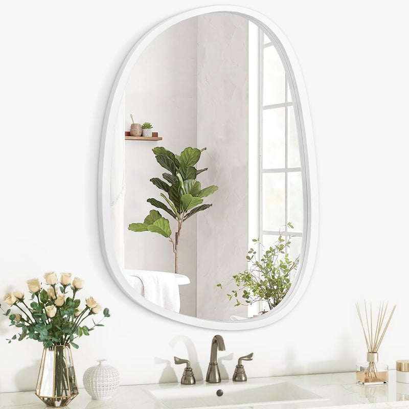 Asymmetrical Wood Frame Bathroom Mirrors for Wall Unique Irregular Oval White Mirror Modern Living Room Bedroom Vanity Entryway Hallway Decorative Artistic Hanging Wall Mirror 16x12 White
