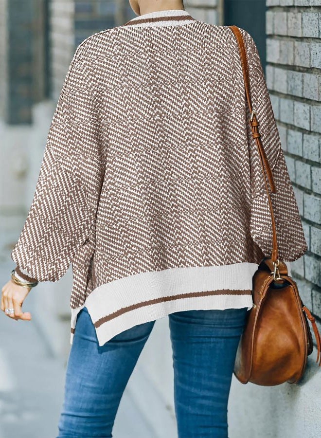 SAUKOLE Womens Sweaters Causal Crewneck Batwing Sleeve Knit Top Side Split Oversized Pullover Sweater Loose Jumper, 07#plaincoffee, S - Image 4