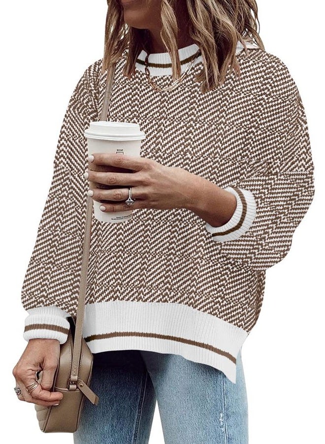 SAUKOLE Womens Sweaters Causal Crewneck Batwing Sleeve Knit Top Side Split Oversized Pullover Sweater Loose Jumper, 07#plaincoffee, S - Image 1