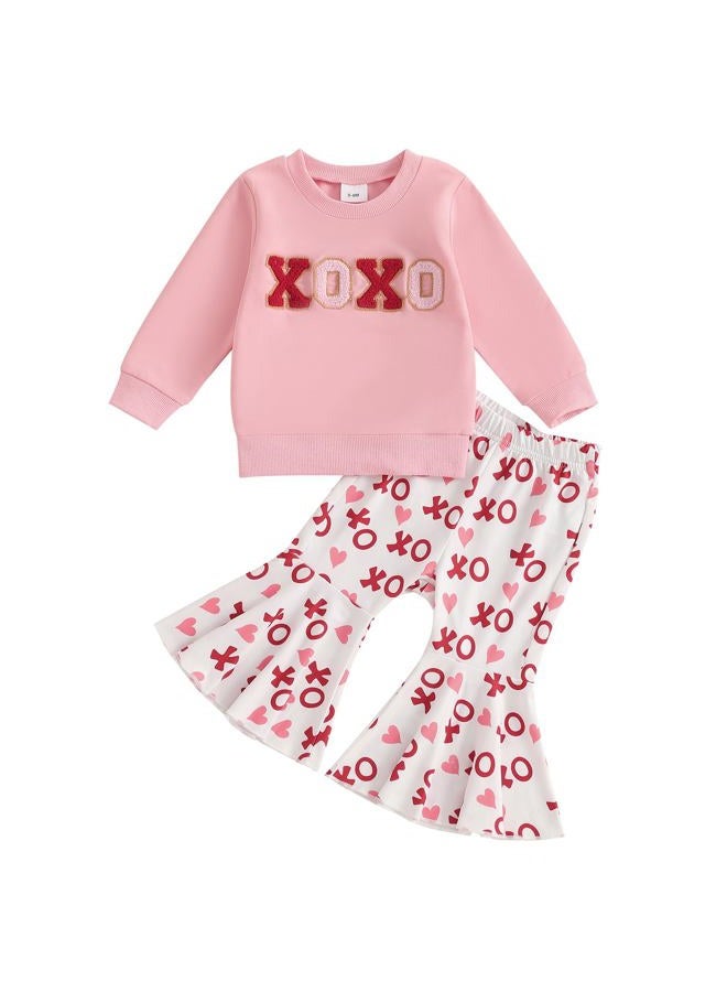 DNOMAID YZARC Toddler Baby Girl Valentines Day Outfit Letter Embroidery Crewneck Sweatshirt Top Heart Flare Pants Clothes Set (A-Pink, 2-3T) - Image 1
