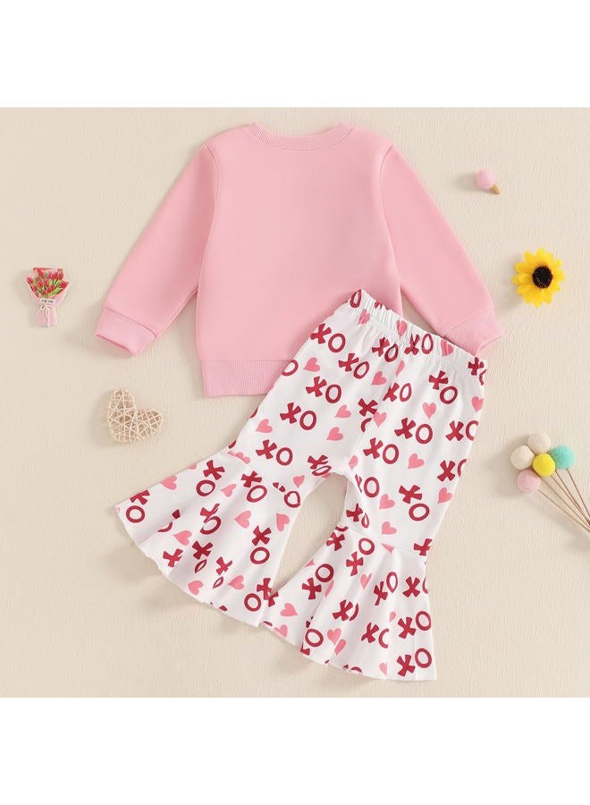 DNOMAID YZARC Toddler Baby Girl Valentines Day Outfit Letter Embroidery Crewneck Sweatshirt Top Heart Flare Pants Clothes Set (A-Pink, 2-3T) - Image 3