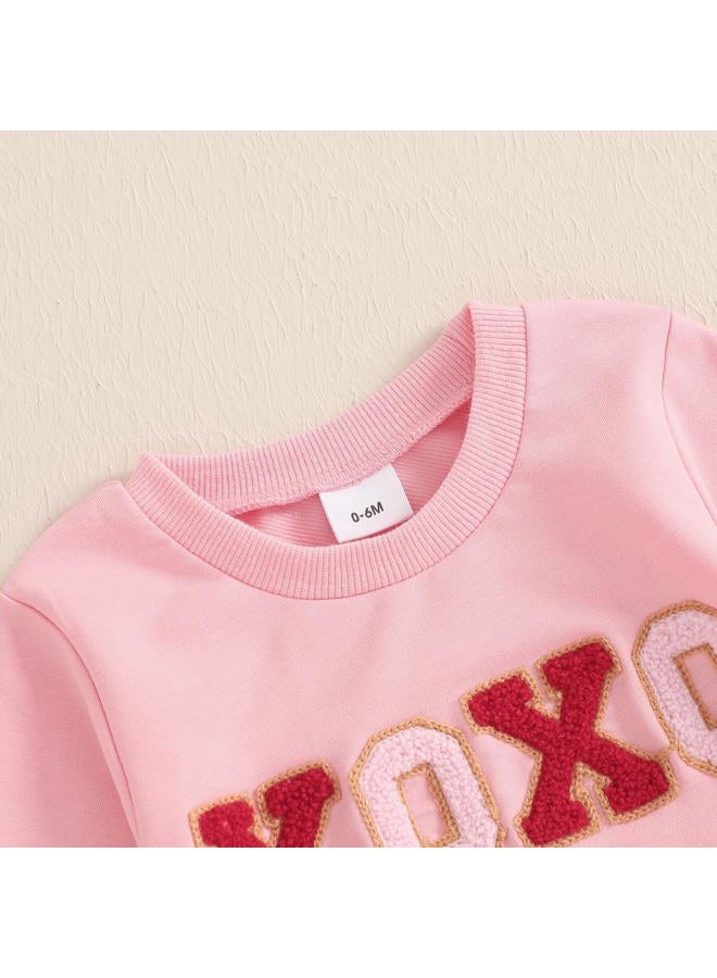 DNOMAID YZARC Toddler Baby Girl Valentines Day Outfit Letter Embroidery Crewneck Sweatshirt Top Heart Flare Pants Clothes Set (A-Pink, 2-3T) - Image 4