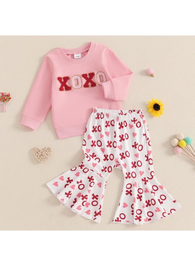 DNOMAID YZARC Toddler Baby Girl Valentines Day Outfit Letter Embroidery Crewneck Sweatshirt Top Heart Flare Pants Clothes Set (A-Pink, 2-3T) - Image 2