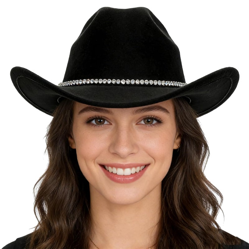 IZUS Women Sparkly-Rhinestone Western-Cowgirl-Hat Glitter-Bling Cowboy-Hat Felt-Rodeo-Hat for Disco-Party Medium/Large - Image 3