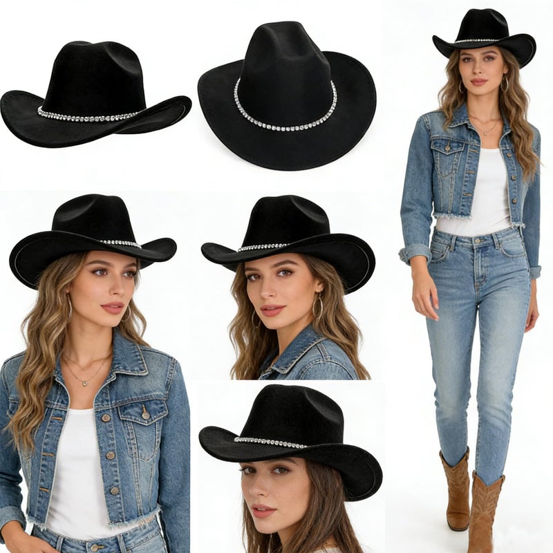 IZUS Women Sparkly-Rhinestone Western-Cowgirl-Hat Glitter-Bling Cowboy-Hat Felt-Rodeo-Hat for Disco-Party Medium/Large - Image 5