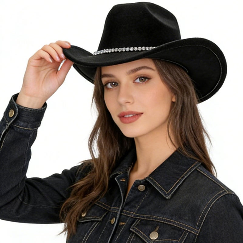 IZUS Women Sparkly-Rhinestone Western-Cowgirl-Hat Glitter-Bling Cowboy-Hat Felt-Rodeo-Hat for Disco-Party Medium/Large - Image 2