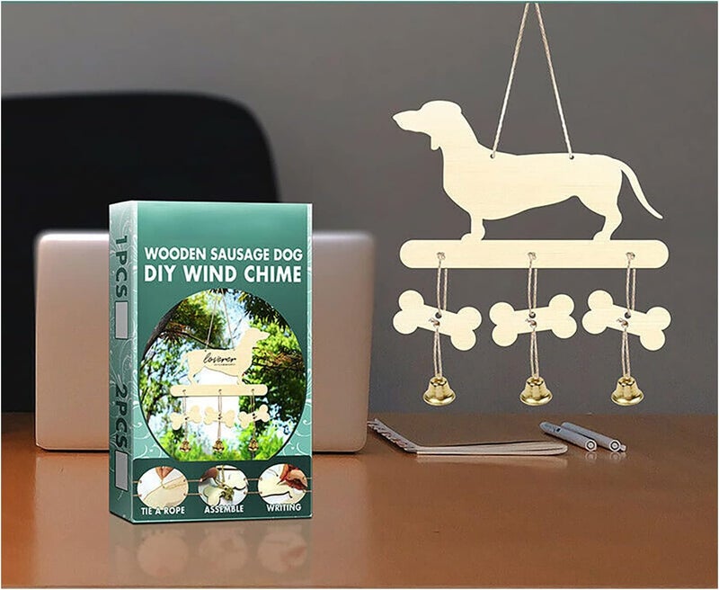 ويوبلز جرس رياح خشبي على شكل كلب داشهوند، زينة معلقة إبداعية، جرس رياح خشبي، قلادة جرس رياح خشبية على شكل كلب داشهوند، زينة جدارية إبداعية، للحديقة والفناء (قطعتان) - Image 1