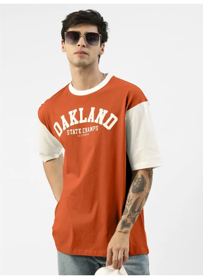 مانياك Mens Printed Round Neck 3/4th Sleeve Rust and White Cotton Oversized T-Shirt