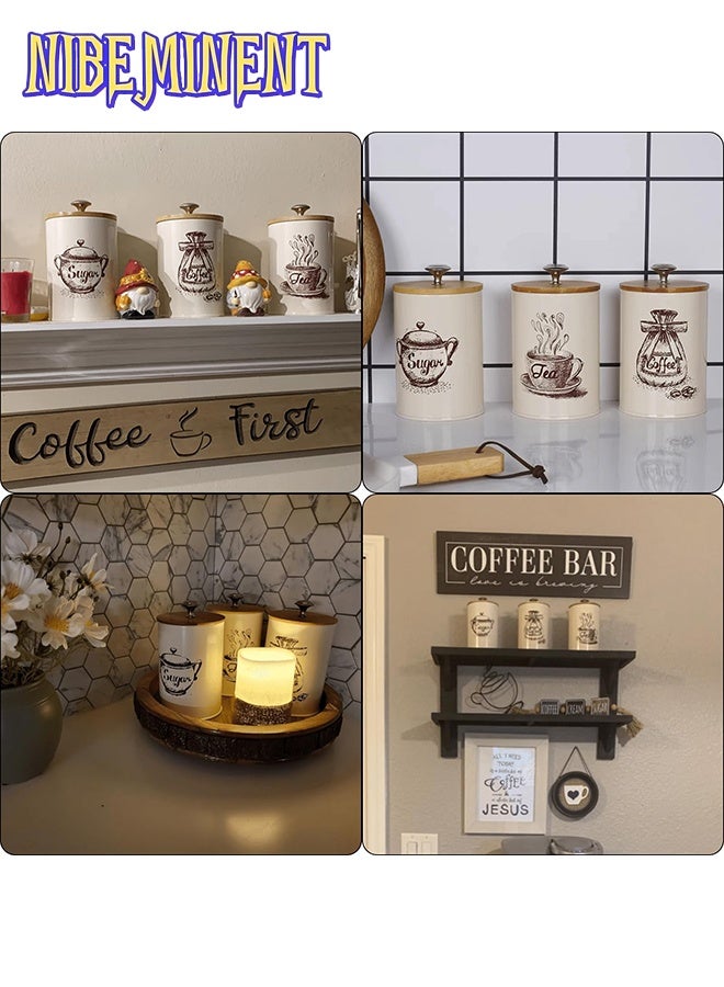 NIBEMINENT Canister Sets for Kitchen Counter, 25 Oz Coffee Sugar Tea Canister Set, Metal Vintage Kitchen Container 3 Pack, Food Storage Containers with Bamboo Lid, Farmhouse Decor, Beige  - Image 5