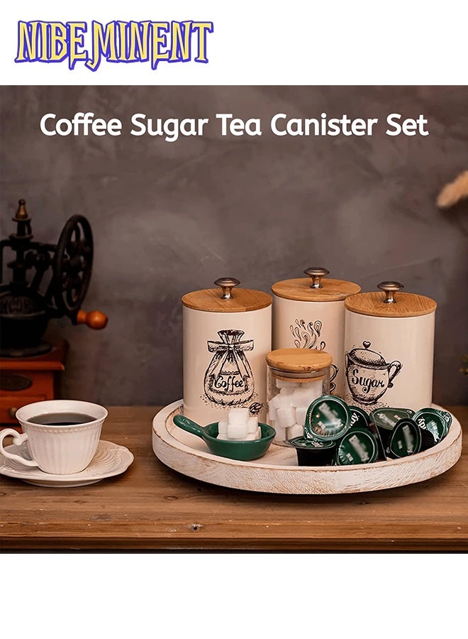 NIBEMINENT Canister Sets for Kitchen Counter, 25 Oz Coffee Sugar Tea Canister Set, Metal Vintage Kitchen Container 3 Pack, Food Storage Containers with Bamboo Lid, Farmhouse Decor, Beige  - Image 4