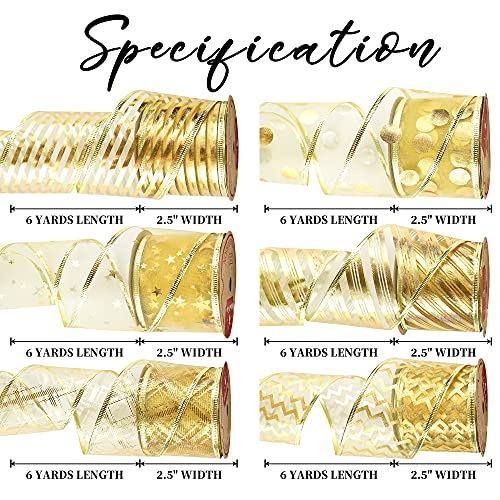 MEEDEE Gold Wired Christmas Ribbon 25 Inch 6 Rolls 36 Yards Ribbon Set for Tree Decorations Garlands Wreath Bows Holiday Crafts - Image 3