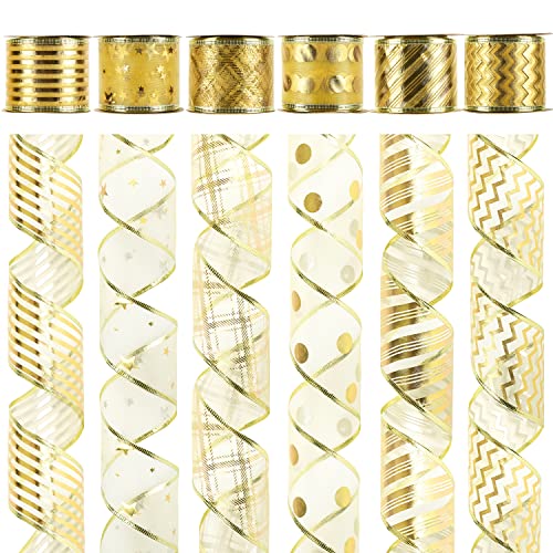 MEEDEE Gold Wired Christmas Ribbon 25 Inch 6 Rolls 36 Yards Ribbon Set for Tree Decorations Garlands Wreath Bows Holiday Crafts - Image 1