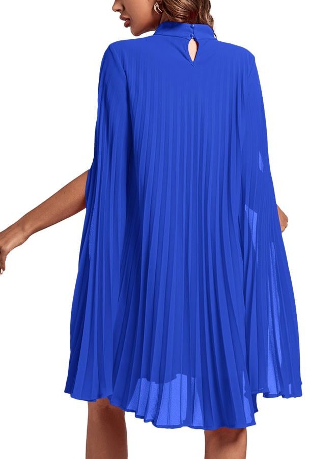 Rooscier Women's Mock Neck Cloak Sleeve Pleated Keyhole Back Flowy Party Midi Dress, Plain Royal Blue, S - Image 2
