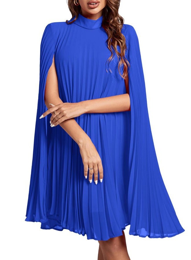 Rooscier Women's Mock Neck Cloak Sleeve Pleated Keyhole Back Flowy Party Midi Dress, Plain Royal Blue, S - Image 1