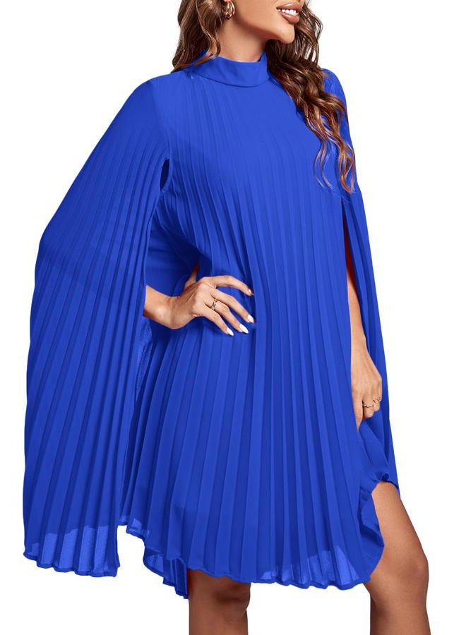 Rooscier Women's Mock Neck Cloak Sleeve Pleated Keyhole Back Flowy Party Midi Dress, Plain Royal Blue, S - Image 4