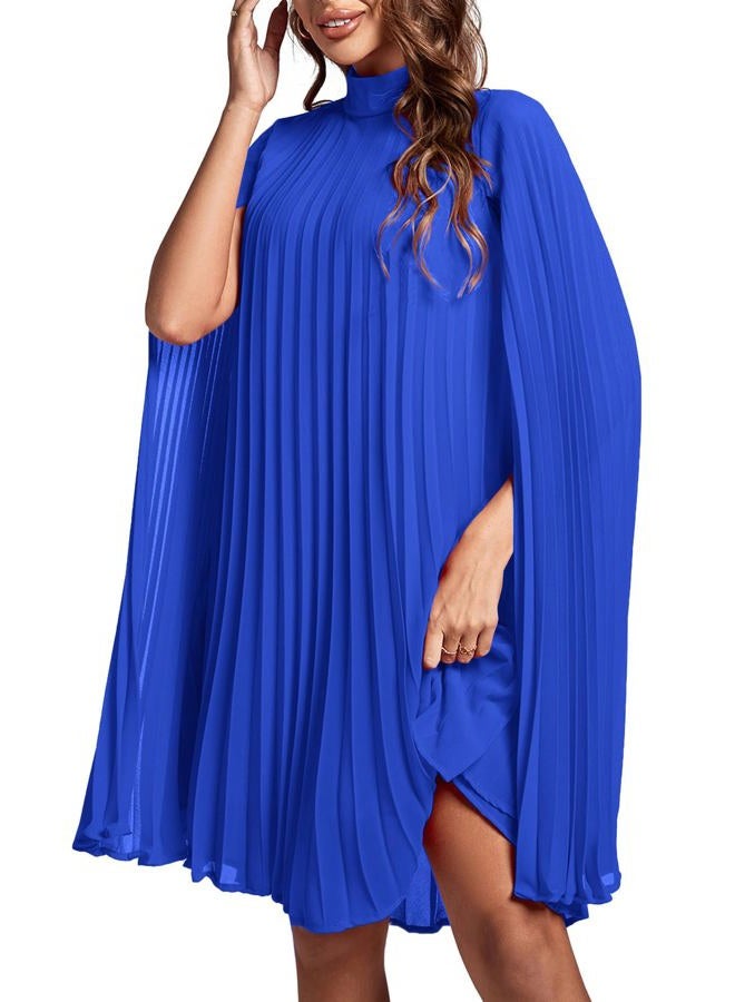 Rooscier Women's Mock Neck Cloak Sleeve Pleated Keyhole Back Flowy Party Midi Dress, Plain Royal Blue, S - Image 5
