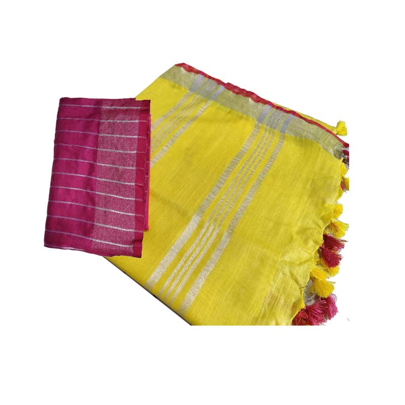 SheenKraft Handloom Women's Bhagalpuri Linen Cotton Blend Saree with Contrast Striped Blouse Piece_Free Size_Color Variation 11746_Silver-Yellow-Pink Striped - Image 5