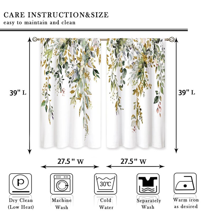 Oolygoo Eucalyptus Botanical Leaves Green Gold Floral Kitchen Window Curtains over Sink Farmhouse Flower Leaf Small Window Treatment Cafe Short Curtains for Bathroom Treatment Tier Drapes 27.5x39 inch - Image 2