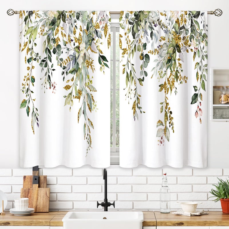 Oolygoo Eucalyptus Botanical Leaves Green Gold Floral Kitchen Window Curtains over Sink Farmhouse Flower Leaf Small Window Treatment Cafe Short Curtains for Bathroom Treatment Tier Drapes 27.5x39 inch - Image 3