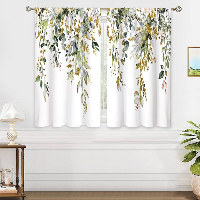 Oolygoo Eucalyptus Botanical Leaves Green Gold Floral Kitchen Window Curtains over Sink Farmhouse Flower Leaf Small Window Treatment Cafe Short Curtains for Bathroom Treatment Tier Drapes 27.5x39 inch - Image 4