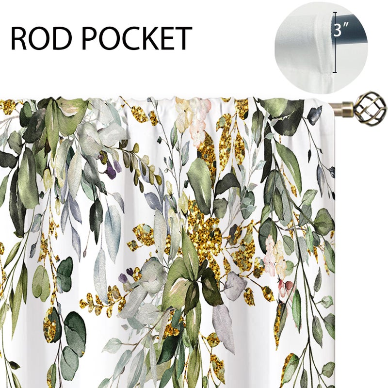 Oolygoo Eucalyptus Botanical Leaves Green Gold Floral Kitchen Window Curtains over Sink Farmhouse Flower Leaf Small Window Treatment Cafe Short Curtains for Bathroom Treatment Tier Drapes 27.5x39 inch - Image 5
