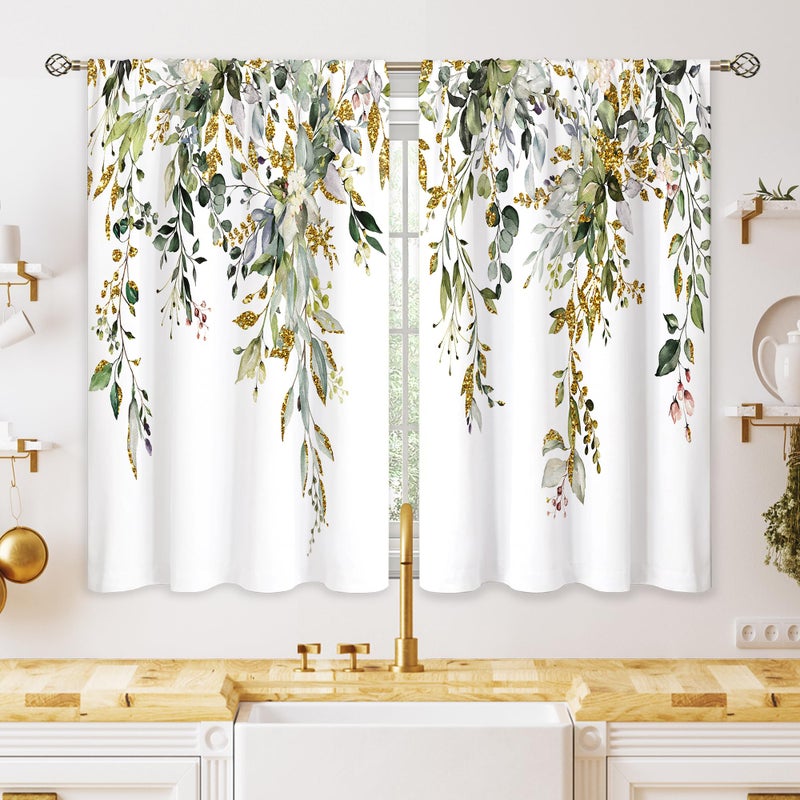 Oolygoo Eucalyptus Botanical Leaves Green Gold Floral Kitchen Window Curtains over Sink Farmhouse Flower Leaf Small Window Treatment Cafe Short Curtains for Bathroom Treatment Tier Drapes 27.5x39 inch - Image 1